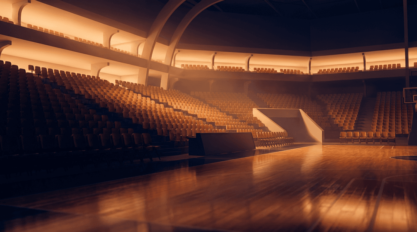 Sunlit empty indoor basketball court with a single ball on the floor