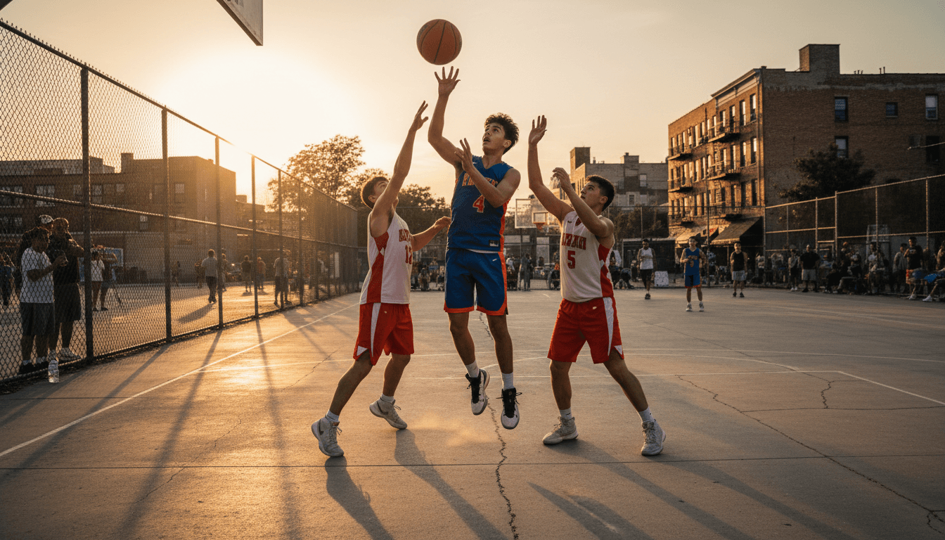 Teenagers standing together on an outdoor basketball court